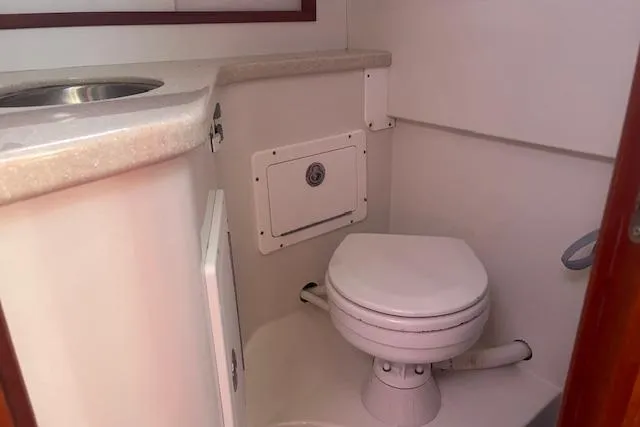  Yacht Photos Pics 2008 Back Cove 29 boat bathroom with toilet and sink.