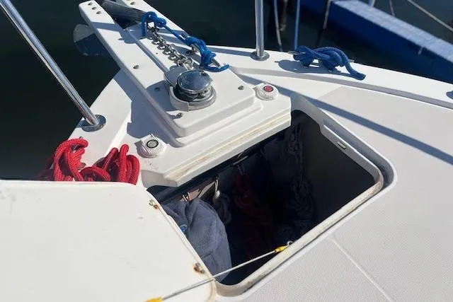  Yacht Photos Pics Anchor locker on 2008 Back Cove 29 boat with red and blue ropes.