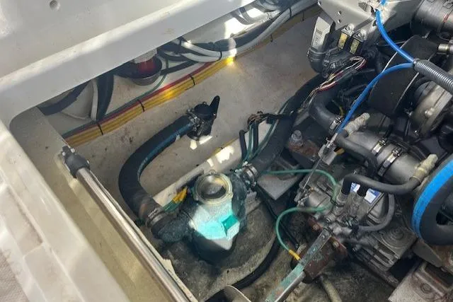  Yacht Photos Pics Engine compartment of a 2008 Back Cove 29 boat, showing mechanical components and wiring.