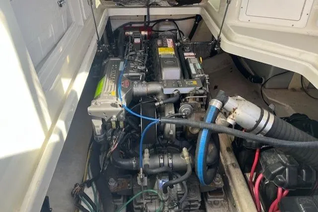  Yacht Photos Pics 2008 Back Cove 29 engine compartment showcasing detailed mechanical components.