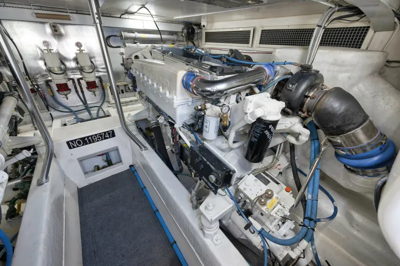Mullet Yacht Photos Pics Engine room of 2006 Ocean Yachts 50 Super Sport, showcasing detailed mechanical components.