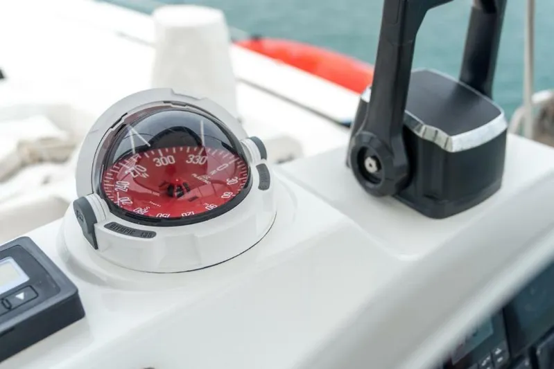 My Marina Yacht Photos Pics Compass and throttle controls on a 2020 Bali 4.8 catamaran.