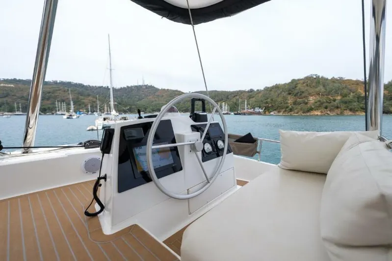 My Marina Yacht Photos Pics Helm of 2020 Bali 4.8 catamaran with scenic marina view.