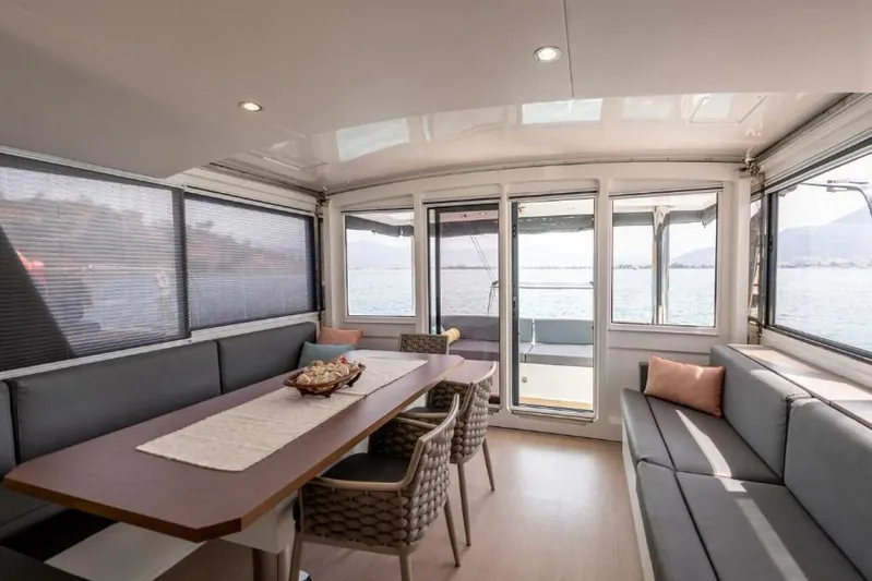 My Marina Yacht Photos Pics Interior of 2020 Bali 4.8 yacht with spacious seating and ocean view.