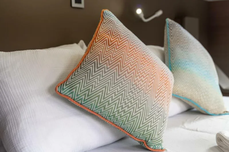 My Marina Yacht Photos Pics Colorful zigzag pillows on a Bali 4.8 yacht bed, 2020 model.