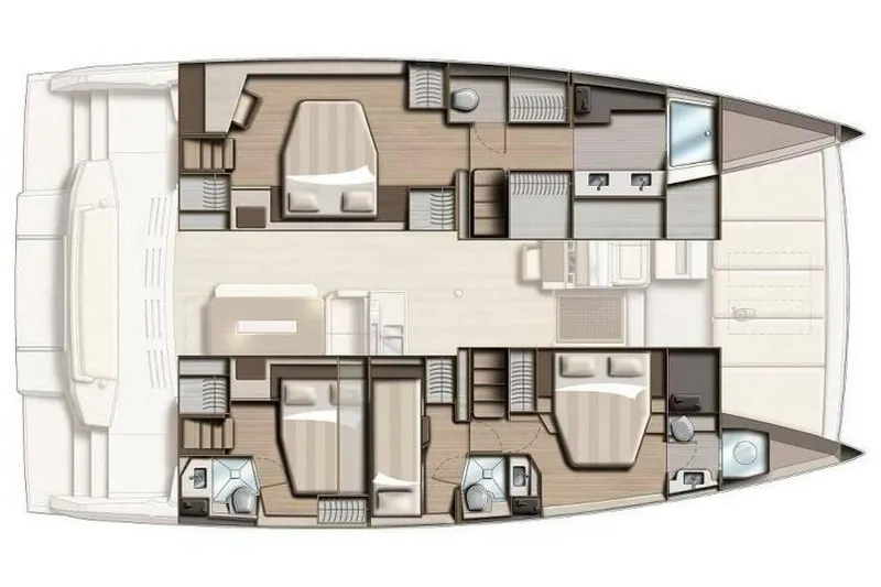 My Marina Yacht Photos Pics Floor plan of a 2020 Bali 4.8 catamaran, featuring cabins and bathrooms.