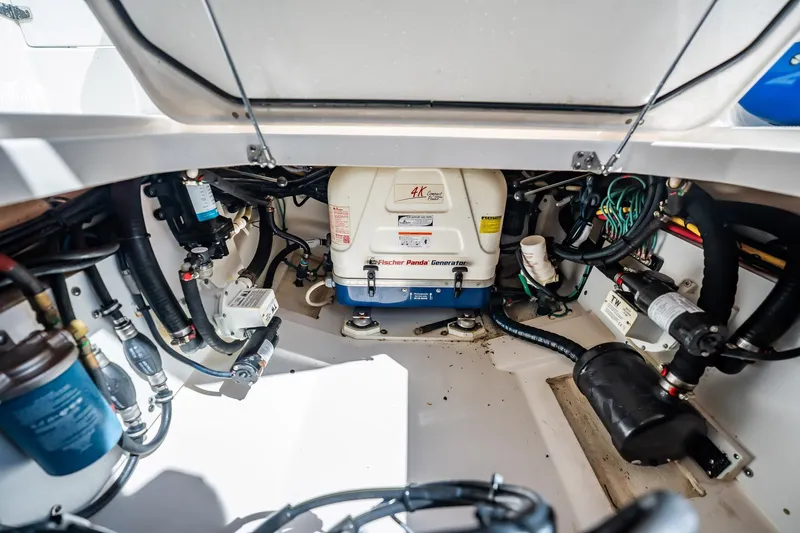 Waikiki Yacht Photos Pics 2017 Pursuit DC 325 Dual Console engine compartment with Fischer Panda generator.
