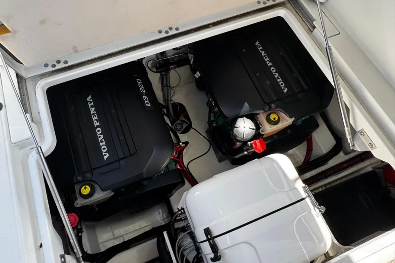  Yacht Photos Pics Engine compartment of 2019 Jeanneau NC33 with dual Volvo Penta D3-220 engines.