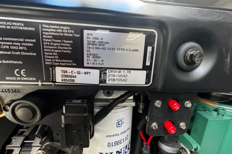  Yacht Photos Pics Close-up of a 2019 Jeanneau NC33 engine label with specifications and serial numbers.
