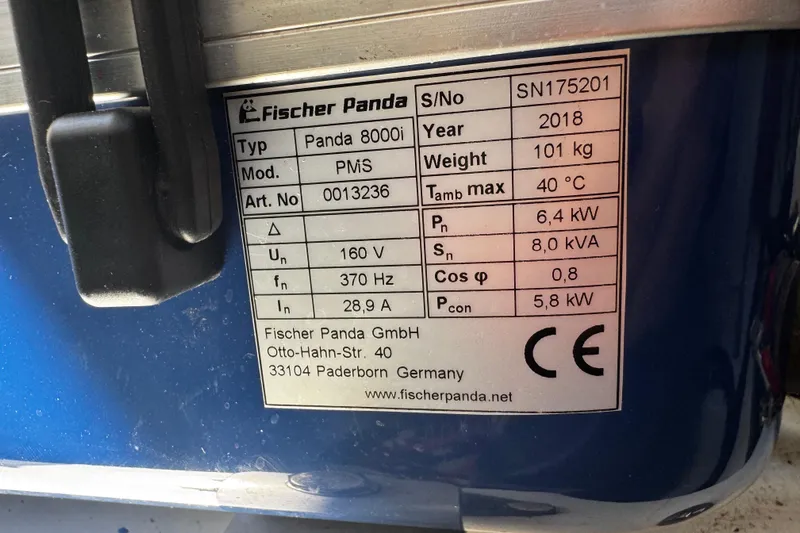  Yacht Photos Pics Label on Fischer Panda generator, model Panda 8000i, specifications and contact details.