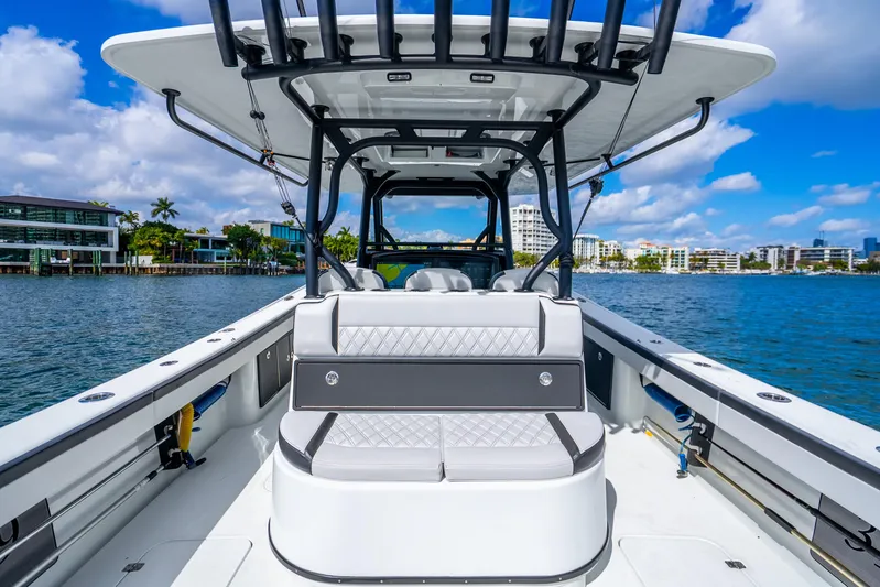  Yacht Photos Pics 2024 Yellowfin 39 Offshore boat on water, featuring sleek design and modern amenities.