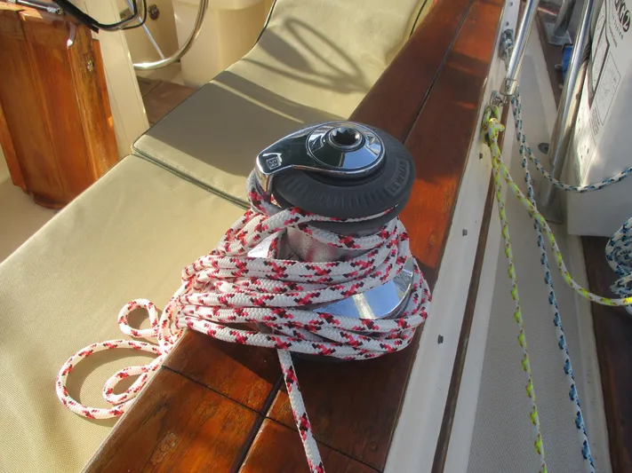  Yacht Photos Pics Winch with rope on 1999 Island Packet 380 sailboat deck.