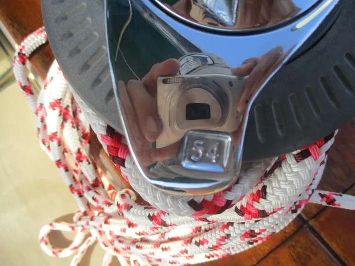 Yacht Photos Pics Close-up of a winch and ropes on a 1999 Island Packet 380 sailboat.