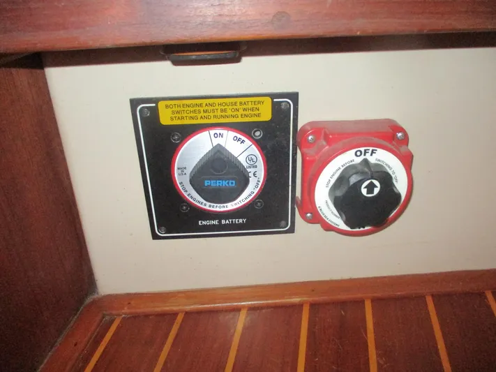  Yacht Photos Pics Battery switch panel on a 1999 Island Packet 380 sailboat, featuring Perko controls.