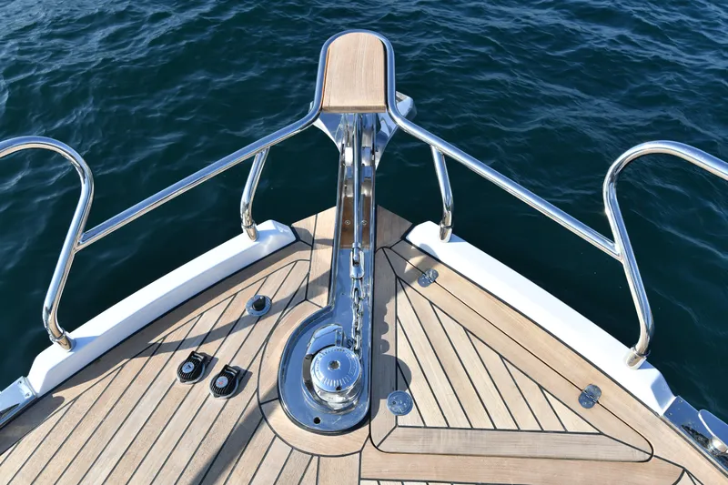 Falcon F-42 2x440 Hp Yanmar Yacht Photos Pics Bow of 2025 Falcon Yachts F-42 with teak decking and stainless steel fittings.