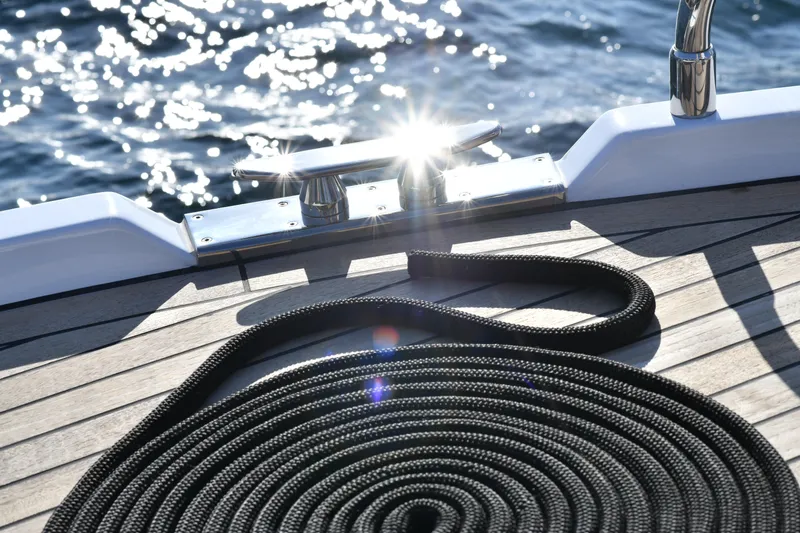 Falcon F-42 2x440 Hp Yanmar Yacht Photos Pics Deck of 2025 Falcon Yachts F-42 with coiled rope and ocean view.