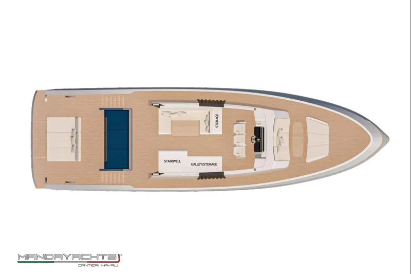  Yacht Photos Pics Top view of 2025 MandaYachts S06 layout, featuring seating, storage, and galley areas.