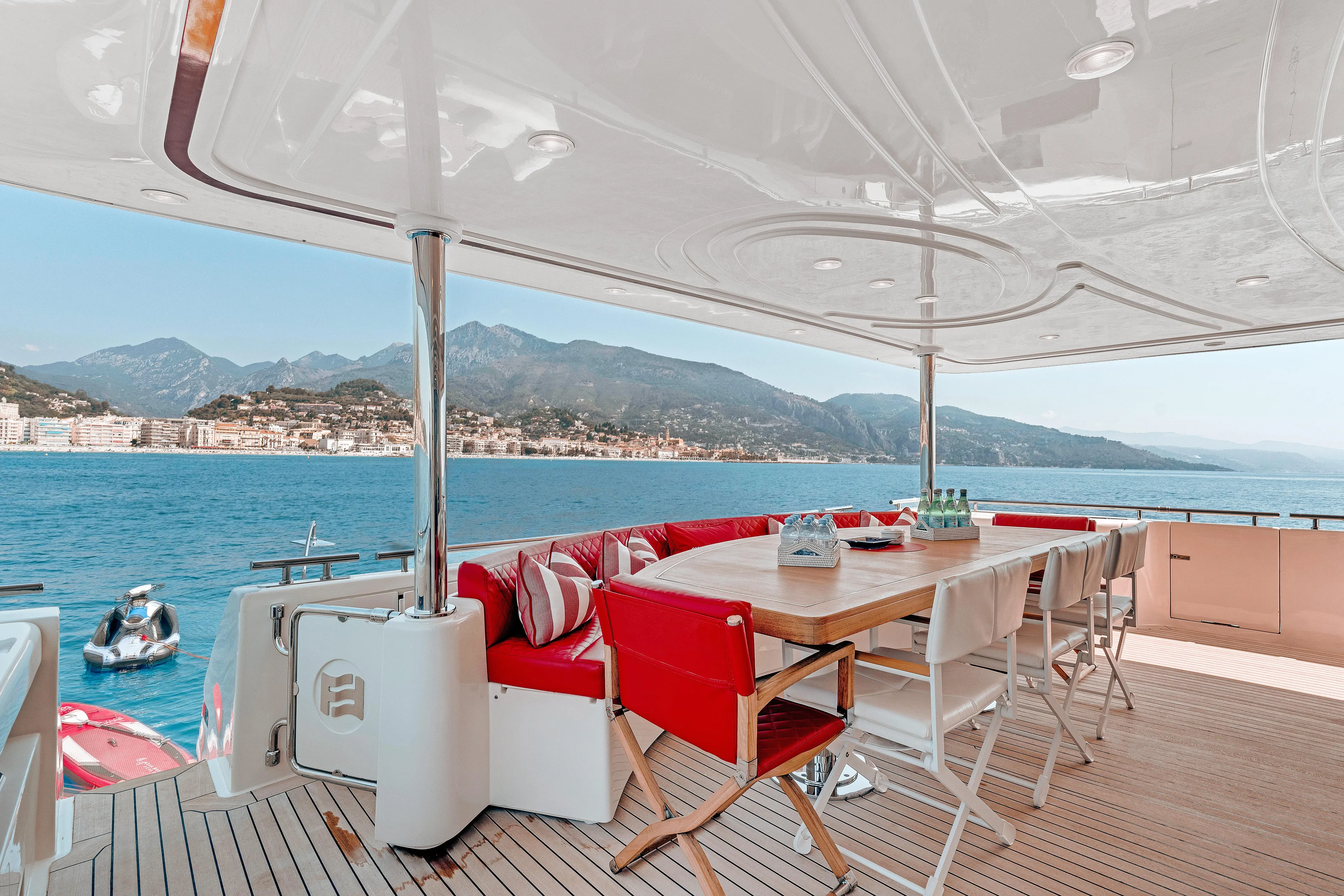 Champagne And Caviar Yacht Photos Pics Luxurious 2003 Ferretti Yachts Custom Line 112 deck with scenic ocean view.