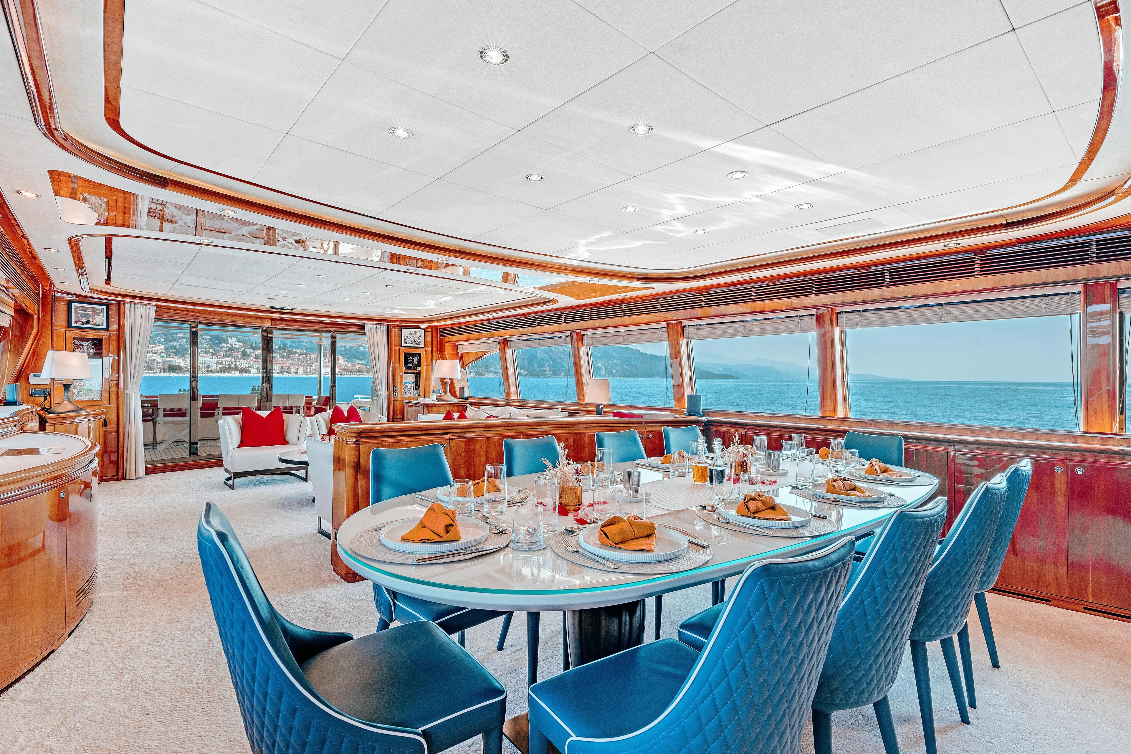 Champagne And Caviar Yacht Photos Pics Luxurious dining area on 2003 Ferretti Yachts Custom Line 112 with ocean view.