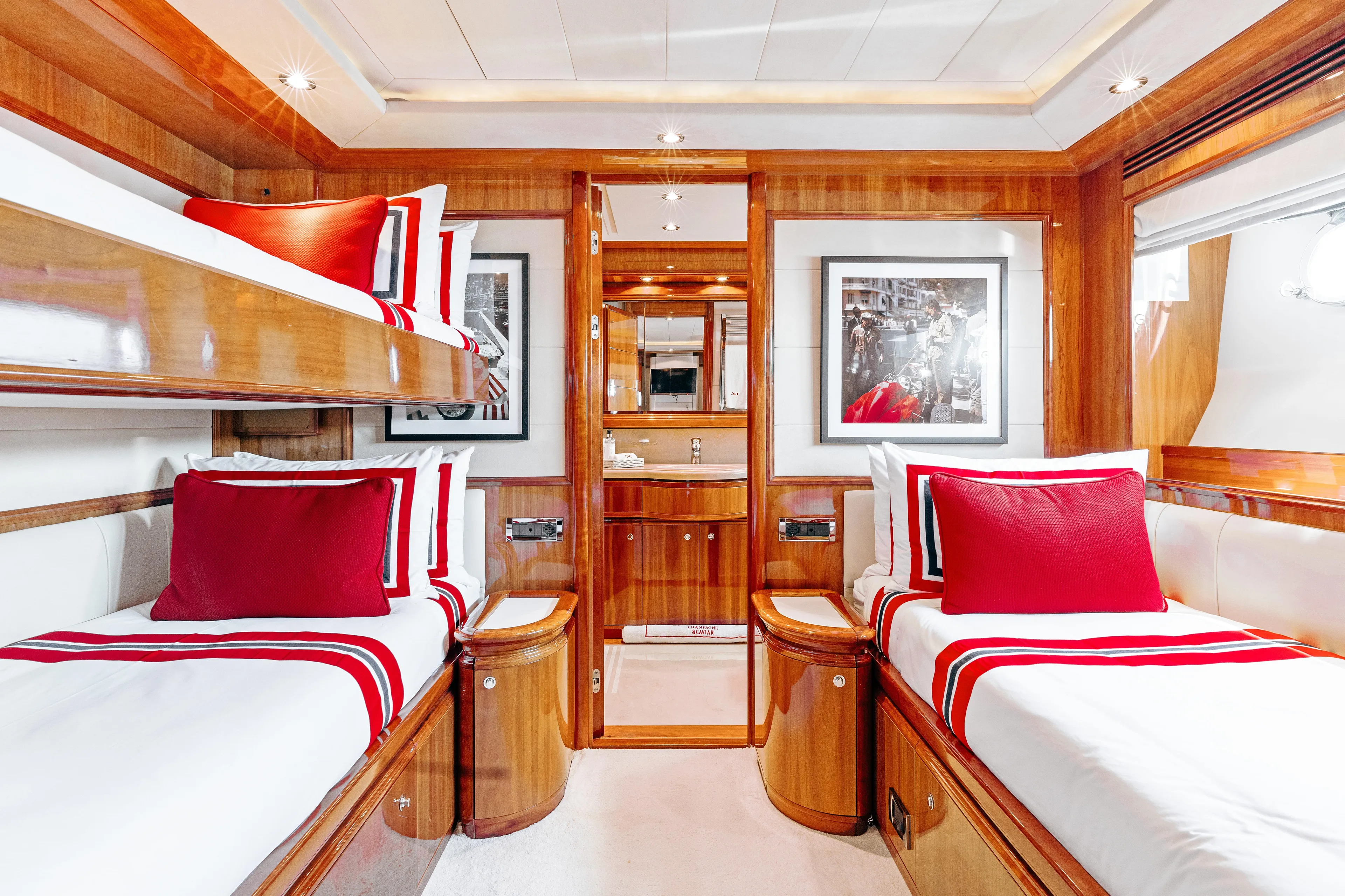 Champagne And Caviar Yacht Photos Pics Luxurious cabin interior of 2003 Ferretti Yachts Custom Line 112 with elegant wood finish.