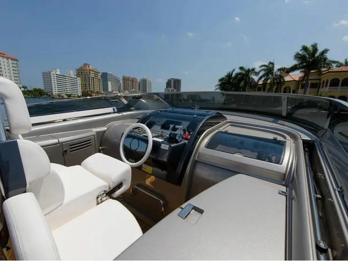  Yacht Photos Pics 2014 Riva Rivarama Super 44 yacht interior with modern dashboard and cityscape background.