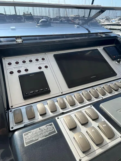  Yacht Photos Pics Control panel of a 2014 Riva Rivarama Super 44 yacht with navigation screens.