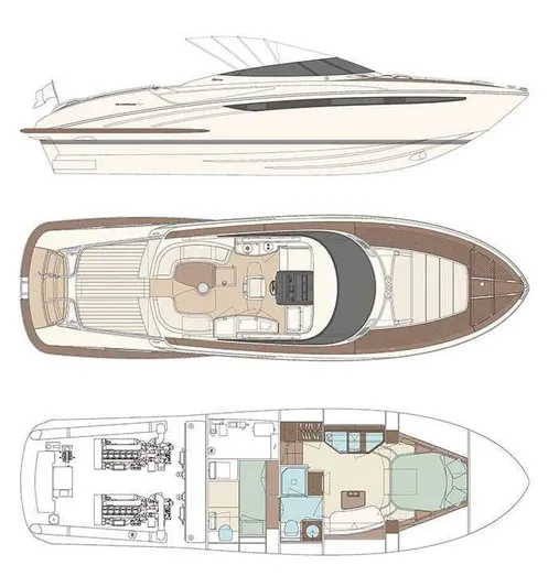  Yacht Photos Pics 2014 Riva Rivarama Super 44 yacht blueprint, showcasing side, top, and interior views.