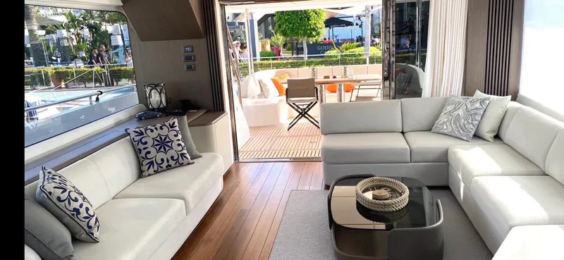  Yacht Photos Pics Luxurious interior of 2023 Princess X80 yacht with elegant seating and modern decor.