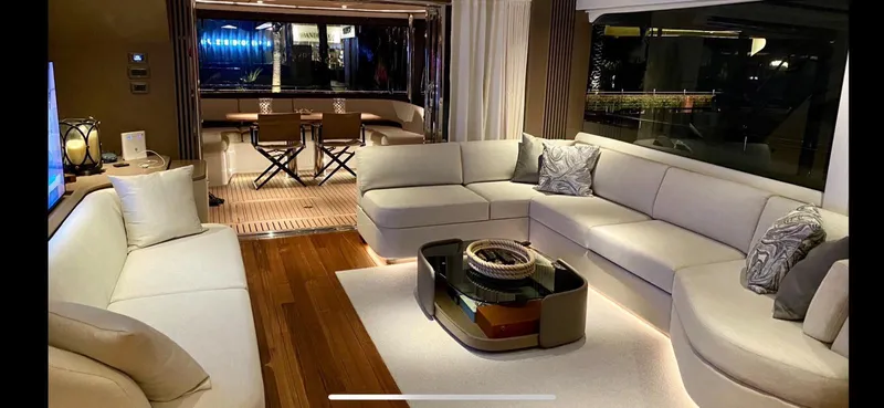  Yacht Photos Pics Luxurious interior of 2023 Princess X80 yacht with elegant seating and modern decor.