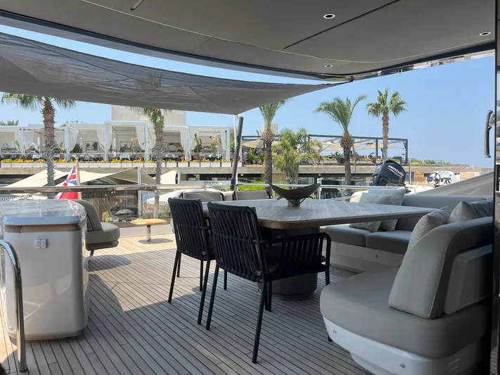  Yacht Photos Pics Luxurious 2023 Princess X80 yacht deck with elegant seating and dining area.