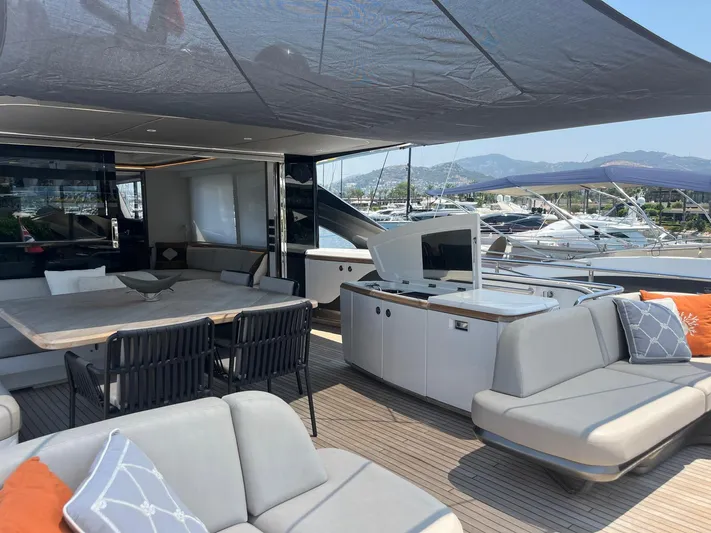  Yacht Photos Pics Luxurious 2023 Princess X80 yacht deck with modern seating and dining area.