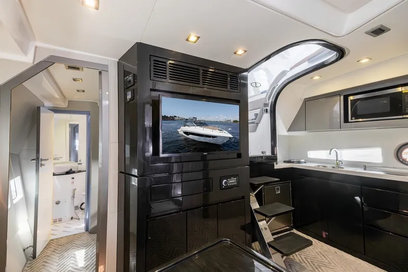 Knot On Call Yacht Photos Pics Luxurious interior of 2023 Schaefer 400 Sport yacht with modern amenities and sleek design.