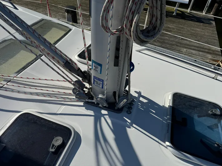 Interlude Yacht Photos Pics Deck of 2002 Beneteau 393 sailboat with rigging and hatches.