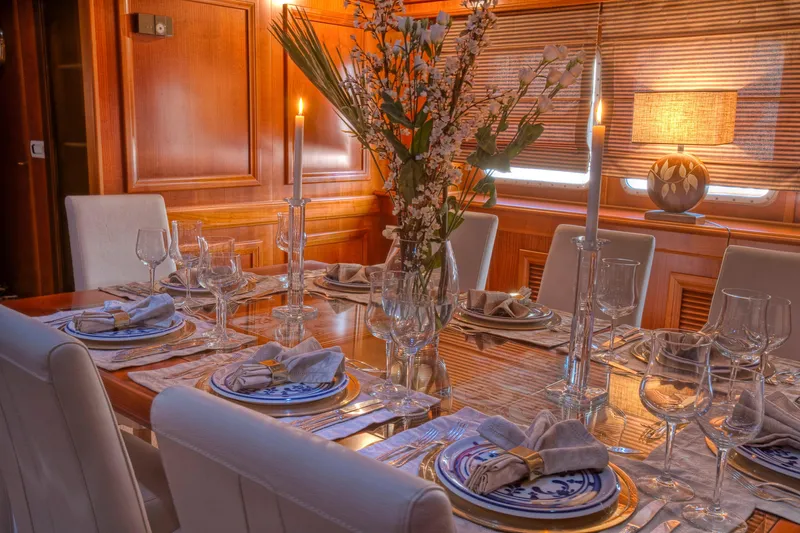 Sanssouci Star Yacht Photos Pics Luxurious dining table setting on a 1982 Custom Displacement Twin Screw yacht.