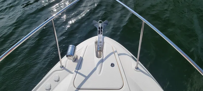  Yacht Photos Pics Bow of 2008 Sea Ray 350 Sundancer on water, featuring stainless steel railings.