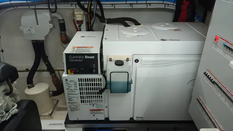  Yacht Photos Pics Cummins Onan generator in the engine room of a 2021 Azimut S6 yacht.
