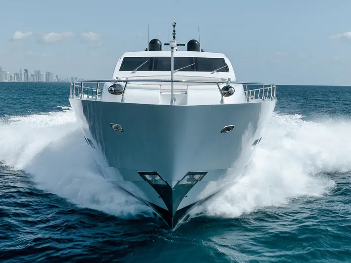 U Wish Yacht Photos Pics 2008 Arno Leopard Open Sport Yacht cruising on open sea, city skyline in background.