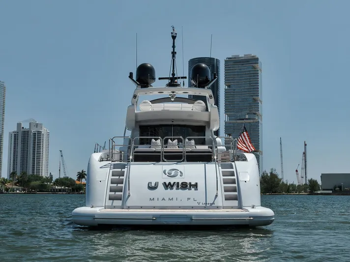 U Wish Yacht Photos Pics 2008 Arno Leopard Open Sport Yacht in Miami waters, city skyline background.