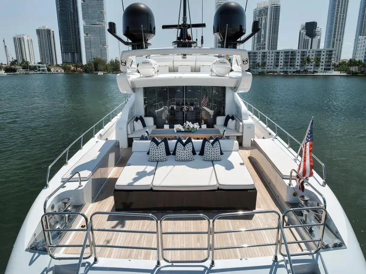 U Wish Yacht Photos Pics Luxurious 2008 Arno Leopard Open Sport Yacht with spacious deck and city skyline backdrop.
