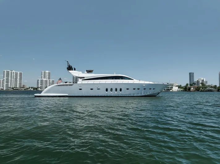 U Wish Yacht Photos Pics 2008 Arno Leopard Open Sport Yacht on water with city skyline backdrop.