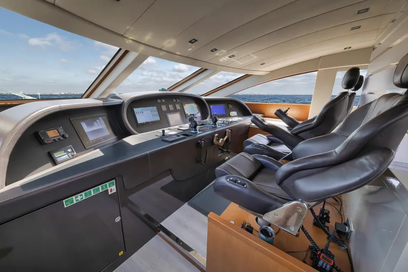 U Wish Yacht Photos Pics Luxurious 2008 Arno Leopard Open Sport Yacht cockpit with advanced navigation controls and leather seating.