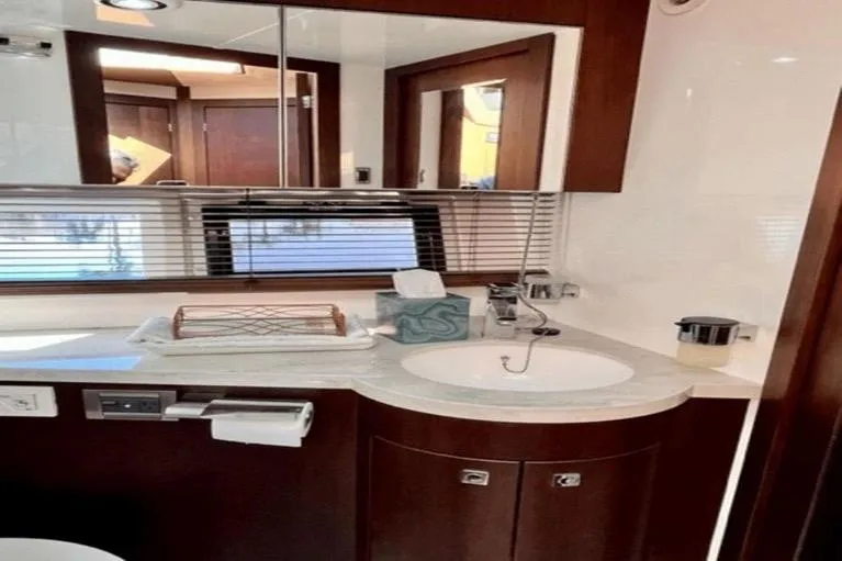 Yacht Photos Pics Luxury bathroom interior of 2017 Galeon 380 Fly yacht, featuring modern fixtures and elegant design.