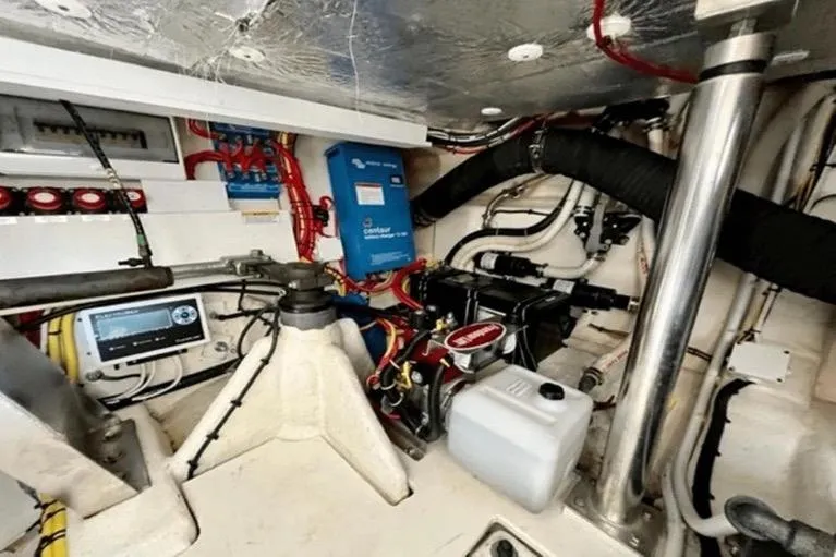  Yacht Photos Pics Engine room of 2017 Galeon 380 Fly yacht, showcasing mechanical and electrical components.