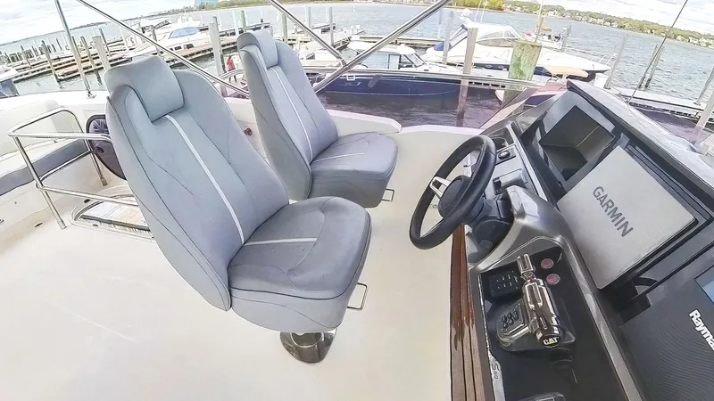 Above Deck Yacht Photos Pics Helm of 2018 Princess S60 yacht with dual seats and Garmin navigation system.