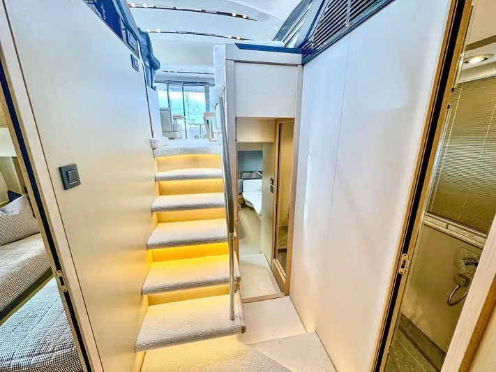 Above Deck Yacht Photos Pics Luxurious interior of 2018 Princess S60 yacht with modern staircase and elegant design.