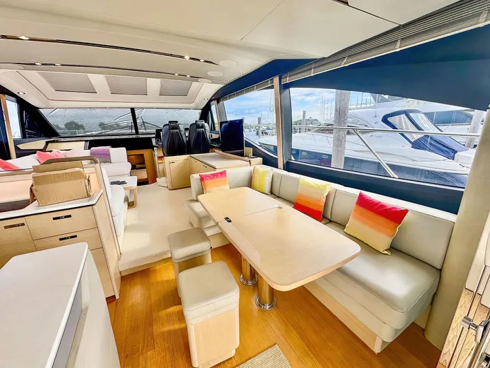 Above Deck Yacht Photos Pics Luxurious interior of a 2018 Princess S60 yacht with modern seating and large windows.