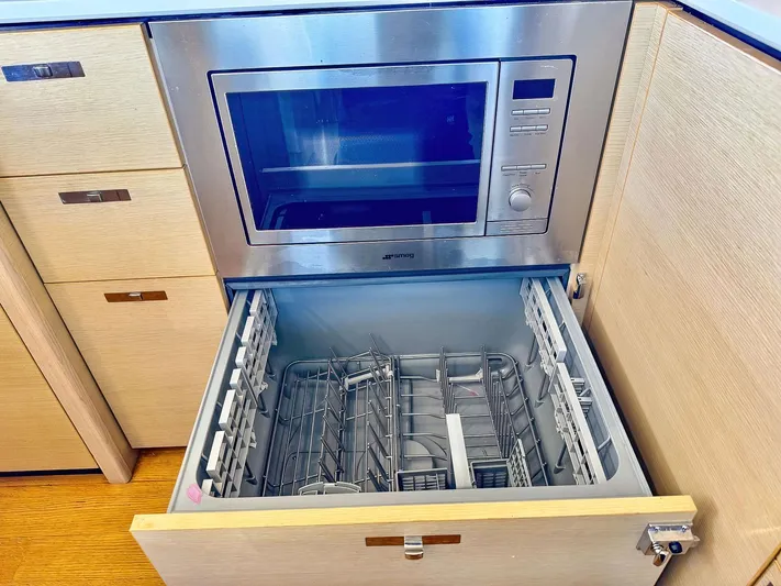 Above Deck Yacht Photos Pics Built-in microwave and dishwasher in modern kitchen on Princess S60 yacht, 2018 model.