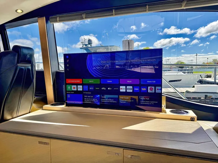 Above Deck Yacht Photos Pics Luxurious 2018 Princess S60 yacht interior with modern entertainment system and scenic marina view.