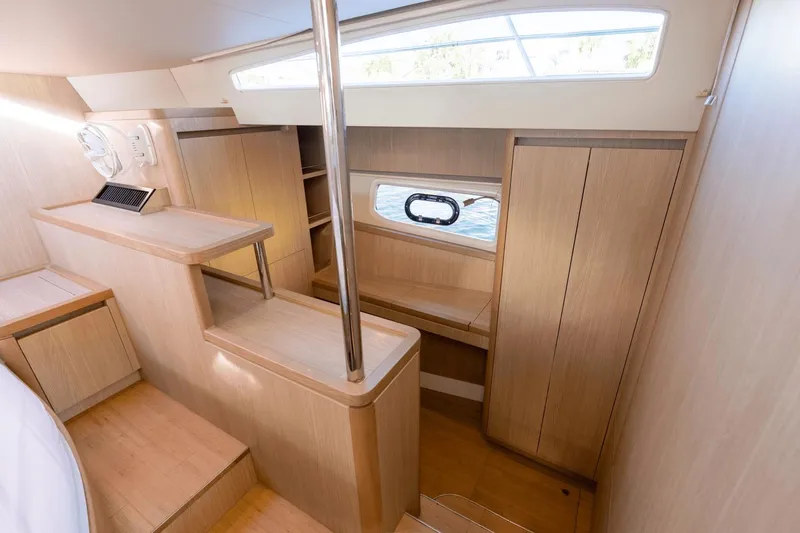 Cay Sera Yacht Photos Pics Interior of 2019 Aquila 44 yacht with wooden finish.