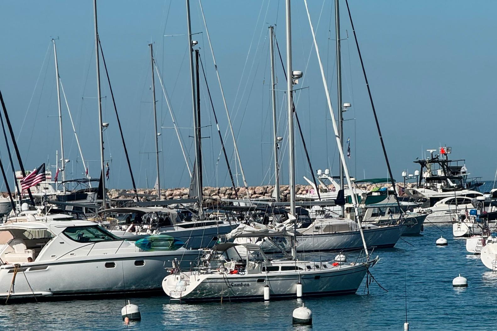 Boats docked in a marina, featuring a 2003 Catalina 34 MkII sailboat.
